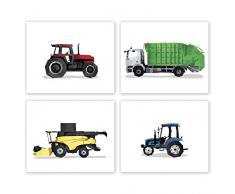 AtoZStudio Kinderzimmerdekoration für Jungen, 4-teiliges Set // Semi Truck Traktor Dump and Tinder Truck // Junge Cars Wandposter // Transport // Baugeburtstag // Bauernhof Schlafzimmer Bilder 8x10 Set 4 Gar