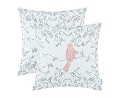 CaliTime Kissenbezüge Kissenhülle Packung mit 2 Dekokissenbezügen aus Baumwolle für das Schlafsofa Cute Bird in Grey Garden Bestickt 40cm x 40cm Coral Pink