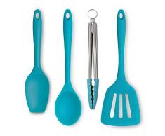 Zeal JSET40A Antihaft-Silikon-Kochzange, Pfannenwender, Löffel und Kochlöffel 4-teiliges Set – Aqua
