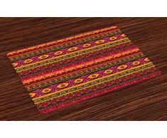 Lunarable Aztec Tischsets 4er Set südamerika abstrakte Bordüre mexikanisch peruanisch Volkskunst Boho Doodle waschbar Tischsets für Esszimmer Küche Tischdeko Pink Grün Orange