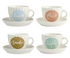 H&H Enjoy Set aus 4 Teetassen mit Untertassen, Porzellan, sortiert, 230 ml