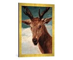 Gerahmtes Bild von Diego Rodríguez Velázquez Hirschkopf, Kunstdruck im hochwertigen handgefertigten Bilder-Rahmen, 50x70 cm, Gold Raya