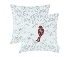CaliTime Kissenbezüge Kissenhülle Packung mit 2 Dekokissenbezügen aus Baumwolle für das Schlafsofa Cute Bird in Grey Garden Bestickt 50cm x 50cm Burgund