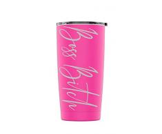 Distinct and Unique Stainless Steel Boss Bitch Powder Coated Tumbler Splash Proof Lid 2 Straws*, Triple Wall Vacuum Insulated, Mug Coffee Cup Travel, Camping, Work, Office (Pink, 20oz)