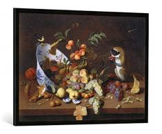 Gerahmtes Bild von Hans Van Essen Stilleben mit Früchten und Tieren, Kunstdruck im hochwertigen handgefertigten Bilder-Rahmen, 100x70 cm, Schwarz matt