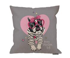 HGOD Designs Kissenbezug, Motiv: Bulldogge in einer lustigen rosa Herzbrille, gepunktetes Haarband, Baumwollleinen, Polyester, Dekoration, Sofa, Schreibtisch, Stuhl, Schlafzimmer, 40,6 x 40,6 cm 18x18 Inch A3-0009