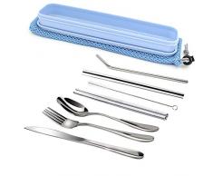 TIMGOU Portable 7 Stück Besteck Set, Wiederverwendbare 304 Edelstahl Gabel, Messer, Löffel, Stäbchen, Saft Stroh, Smoothie Stroh und Reinigungsbürste, Durable Travel Besteck-Blau