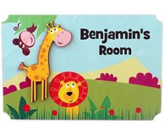 Rikki Knight Benjamins Room Türschild, 3D-Giraffe auf Dschungel, mit Namen für Kinder- und Babyzimmer
