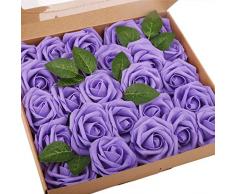 Bomarolan Künstliche Rosen aus Schaumstoff, echte Haptik, 25 Stück, künstliche Rosen mit Stiel, DIY Hochzeits-Dekoration, Brautjungfer, Blumensträuße für Babyparty, Party, Heimdekoration. Art Deco Medium deep purple