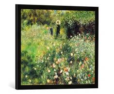 Gerahmtes Bild von Auguste Renoir Frau mit Sonnenschirm in einem Garten, Kunstdruck im hochwertigen handgefertigten Bilder-Rahmen, 70x50 cm, Schwarz matt