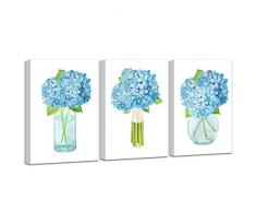 Wand Kunst für Schlafzimmer Blue Hydrangea Nordic Hand, gestrichene Watercolor Dekoration Stil Familien einfach hier und Forever Home Vase Blue Hydrangea Floral Artwork Drei 30,5 x 40,6 cm Zoll gerahmt Prints