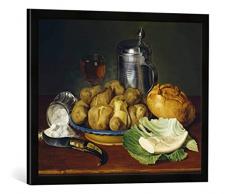Gerahmtes Bild von Monogrammist L.S Stilleben mit Pellkartoffeln, Kunstdruck im hochwertigen handgefertigten Bilder-Rahmen, 70x50 cm, Schwarz matt