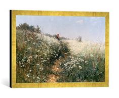 Gerahmtes Bild von IWAN Iwanowitsch Schischkin Dame mit Sonnenschirm auf Einer Wiese mit Wiesenkerbel, Kunstdruck im hochwertigen handgefertigten Bilder-Rahmen, 60x40 cm, Gold Raya