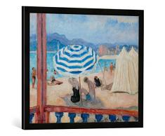 Gerahmtes Bild von Henri Lebasque Cannes, Blauer Sonnenschirm und Zelte, Kunstdruck im hochwertigen handgefertigten Bilder-Rahmen, 70x50 cm, Schwarz matt