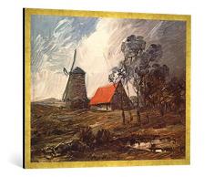 Gerahmtes Bild von Wilhelm Busch Herbstlandschaft mit Windmühle und rotem Haus, Kunstdruck im hochwertigen handgefertigten Bilder-Rahmen, 100x70 cm, Gold Raya