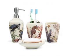 FORLONG Keramik Badezimmer Zubehör Set Keramik 5 teilig Set, inkl. Zahnbürste Halter, 2 Tassen gurgeln das Zähne putzen, Seifenschale, Seife & Lotion Spender *Sea World