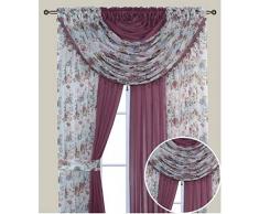 Elegant Home Komplettes Fenstervorhang-Set mit 4 Paneelen und 2 Volants und Zwei Raffhaltern für Wohnzimmer, Esszimmer oder andere Fenster. Laura Burgundy Flower/Rose Solid