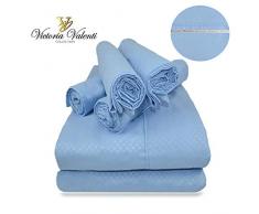 Victoria Valenti Bettlaken-Set mit 4 Kissenbezügen (Zwei Kissenbezüge), Doppelbett gebürstet und sehr weich mit tiefen Taschen für extra Tiefe Matratze, Mikrofaser, hypoallergen Split King blau