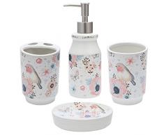 JOTOM Keramik-Bade-Zubehör-Set, luxuriöses Badezimmer-Zubehör-Set – 4 Stück mit dekorativer Handdesinfektionsmittelflasche, Zahnbürstenhalter, Seifenschale Flower and Birds