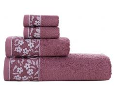 HYGGE Premium Türkische Baumwolle Handtuch-Set mit Floral Jacquard; 1 Badetuch (68,6 x 142,2 cm), 1 Handtuch (48,3 x 81,3 cm); 2 Waschlappen (30,5 x 30,5 cm) Violett