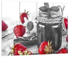 Pixxprint fruchtige Erdbeeren vor Marmeladenglas schwarz/weiß, MDF Bretterlook Format: 80x60cm, Wanddekoration Holzbild, Holz, bunt, 80 x 60 x 2 cm