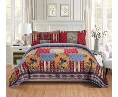 K&M MK Hause über Größe Set Decke Tagesdecke Gesteppt Patchwork Blumen Quadrate Rot Marineblau Elfenbein Burgund Neu # Verona Full/Queen Rot