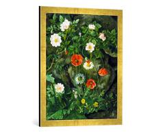 Gerahmtes Bild von Augusta Laessoe Wildrosen, Mohnblumen und Gänseblümchen an Einer Steinbank, Kunstdruck im hochwertigen handgefertigten Bilder-Rahmen, 50x70 cm, Gold Raya