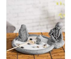 MyGift Rustikales Zement-Buddha-Mönch-Statue Zen Garten Set mit Sand, Felsen und Rechen