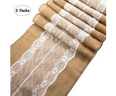 cctro Spitze Sackleinen Tischläufer, rustikaler naturbelassener Jute Country Outdoor Hochzeit Party Vintage Elfenbeinfarben Jute Tischdecken Dekoration 30,5 x 274,3 cm 2pcs C
