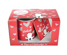 Happy Life 45339 Geschenk-Set, Kaffee-Tasse und Untersetzer mit Hase, Tasse mit Spruch Verliebt bis über beide Ohren, ca. 30 cl
