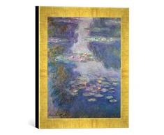 Gerahmtes Bild von Claude Monet Seerosen - Wasserlandschaft, Kunstdruck im hochwertigen handgefertigten Bilder-Rahmen, 30x30 cm, Gold Raya