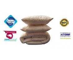 ESPRITZEN – Set weiche und temperierte Bettdecke 200 x 200 cm + 2 Kissen 65 x 65 cm – Behandlung gegen Milben – Weiß