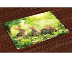 Lunarable Animal Tischsets 4er Set lustige flauschige Kaninchen Familie auf Gänseblümchen Gras Ostern Wiese Frisches Bild abwaschbar Stoff Platzsets für Esszimmer Küche Tischdekoration Grün und Hellbraun