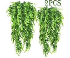 Ollain Künstliche Boston Farnen Ranken Persische Rattan Grünpflanzen Kunstpflanze Ranke Outdoor UV-beständig für Wand Innen Hängegirlande Hintergrund Bogen Wanddekoration 2pcs Boston Fern Vines
