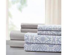 Nantes Bettlaken-Set für Doppelbett, Bedruckt, Blau / Weiß, 8 Stück