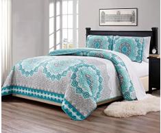 K&M MK Collection 3-teiliges Tagesdecke Quilt über Größe Aqua Türkis Coastal Uni Grau Grün Weiß Elegantes Design # Oslo Aqua, aqua, King/California king