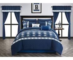 Chic Home Safforn-Bettwäsche-Set, 20-teilig, geometrisches Muster, Ikat, Bestickt, Bettlaken, Kissenbezüge, Fensterdekoration Queen Navy