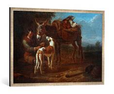 Gerahmtes Bild von Pieter Van Bloemen Händler auf der Rast mit Lastesel und Windhund in südlicher Landschaft, Kunstdruck im hochwertigen handgefertigten Bilder-Rahmen, 100x70 cm, Silber Raya