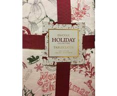 ENVOGUE Weihnachtstischdecke – 60 x 84 cm Postkarte Holly Kiefer Grün Vintage Santa Schlitten Szene Rot auf Weiß