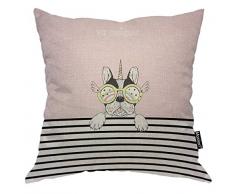 Moslion Kissenbezug, süßes Tier, Französische Bulldogge Welpe mit Regenbogenbrille, Horn Streifen, Kissenbezug 40,6 x 40,6 cm, Baumwolle Leinen, quadratisch, dekorativer Bezug für Sofa Bett 18x18 Inch P197-1