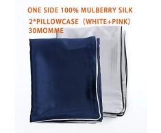 Yuyifei Kissenbezug, 100 % reine Maulbeerseide, 19 Momme, 600 Fadenzahl für Haare und Haut, mit Umschlagverschluss, hypoallergen, weich, atmungsaktiv, Seide, 1 Stück (Queen-Size-Größe 50,8 x 76,2 cm) Silber + Marineblau