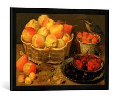 Gerahmtes Bild von Georg Flegel Stilleben mit Obst, Maus und Eisvogel, Kunstdruck im hochwertigen handgefertigten Bilder-Rahmen, 60x40 cm, Schwarz matt