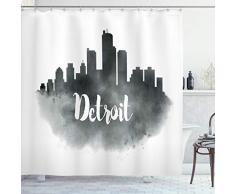 Detroit Decor Vorhang für die Dusche von ambesonne, Smoky City Skyline mit Brushstrokes Hand Geschrieben Buchstaben Gebäuden, Stoff Badezimmer Decor Set mit Haken, schwarz silber weiß, Textil, Multi 1, 69W x 70L
