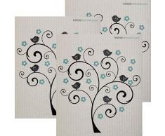 SWEDEdishcloths Vogel- und Blumenbaum, 3 Stück pro schwedischer Geschirrtücher, umweltfreundlich, saugfähig, Wiederverwendbare Reinigungstücher