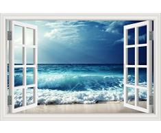 greathomeart 3D Fenster, Wand Aufkleber Strand Thema Wiederablösbare Dekor Aufkleber Ocean Wasserfall Lake Scenery schälen und Stick Tapete selbstklebend für Wohnzimmer Wandbild Art 32X48 Blue Sea Waves