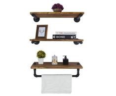 AddGrace Industrie-Rohr Schweberegal 3 Etagen Wandmontage Bücherregal, Holzregal zum Aufhängen, 61 cm 24 Inch