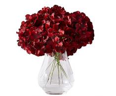 Kislohum Künstliche Hortensien Blütenköpfe Hortensien Seidenblumen Kopf für Hochzeit Tafelaufsätze Blumensträuße DIY Blumendekoration Heimdekoration 10 Stück mit Holzstielen – Farbe burgunderfarben