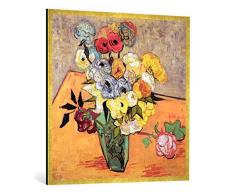 Gerahmtes Bild von Vincent Van Gogh Stilleben mit japanischer Vase, Rosen und Anemonen, Kunstdruck im hochwertigen handgefertigten Bilder-Rahmen, 100x100 cm, Gold Raya
