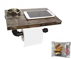 My Rustic Toilettenpapierhalter Regal für Handyaufbewahrung im Bad, rustikaler Stil, Pfeifendesign, braunes Holz und schwarzes Metall, Wandmontage, Badezimmerregal/Toilettenpapierrollenhalter