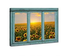 iKnow FOTO Leinwanddrucke, Vintage-Stil, Blaugrün, Fenster blickt auf Sonnenblumenbilder, warme Farbe, Sonnenaufgang auf dem Feld, Landschaftsbild, Kunstdruck, Arbeit für Wohnzimmer, Dekoration, 61 x 91,4 cm